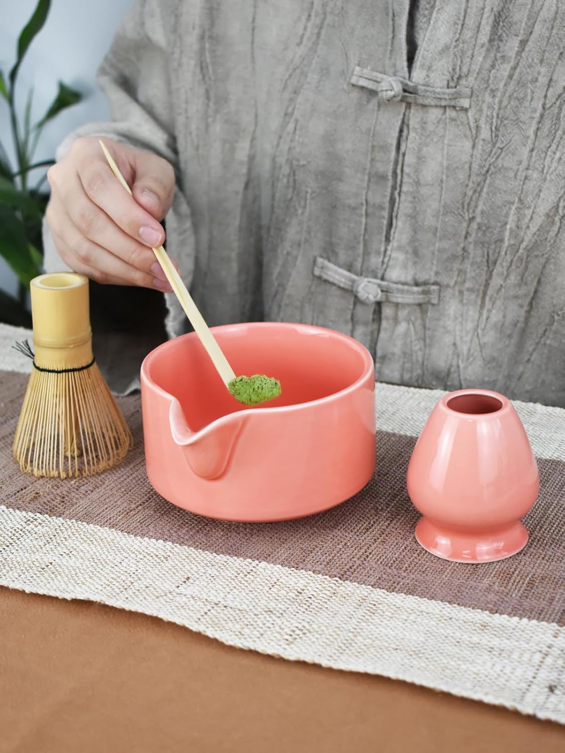Artcome 4 Pcs Complete Matcha Ceremony Kit - Japanese Bowl With Pouring Spout, Whisk, Holder, Scoop - Tea Set for Making Usucha, Koicha and Latte (Green)