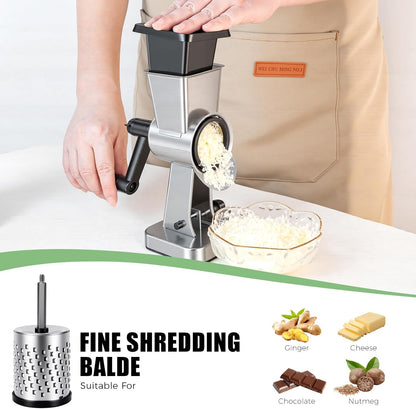 LHS Rotary Cheese Grater Stainless Steel Manual Cheese Shredder Grater Walnuts Grinder with 3 Interchangeable Drum Blades for Chocolate, Cheese and Nuts