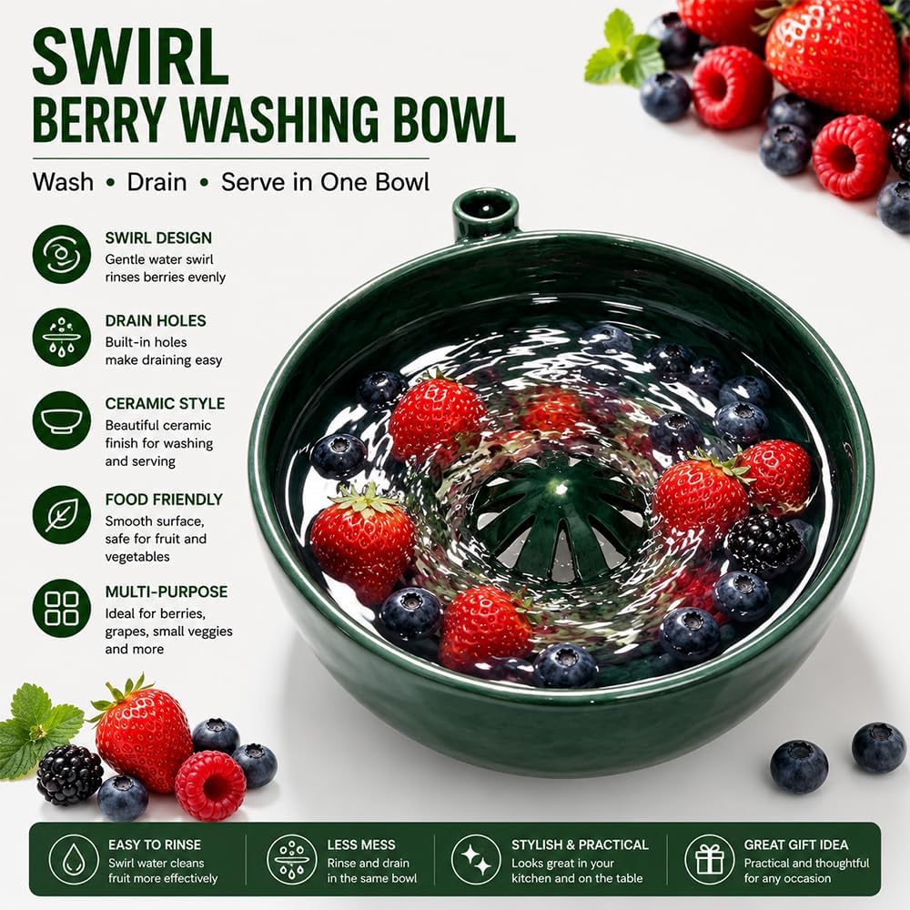Self Spinning Berry Washing Bowl Ceramic with Drain Holes, Automatic Berry Wash Bowl for Fruits & Vegetables (1PC)