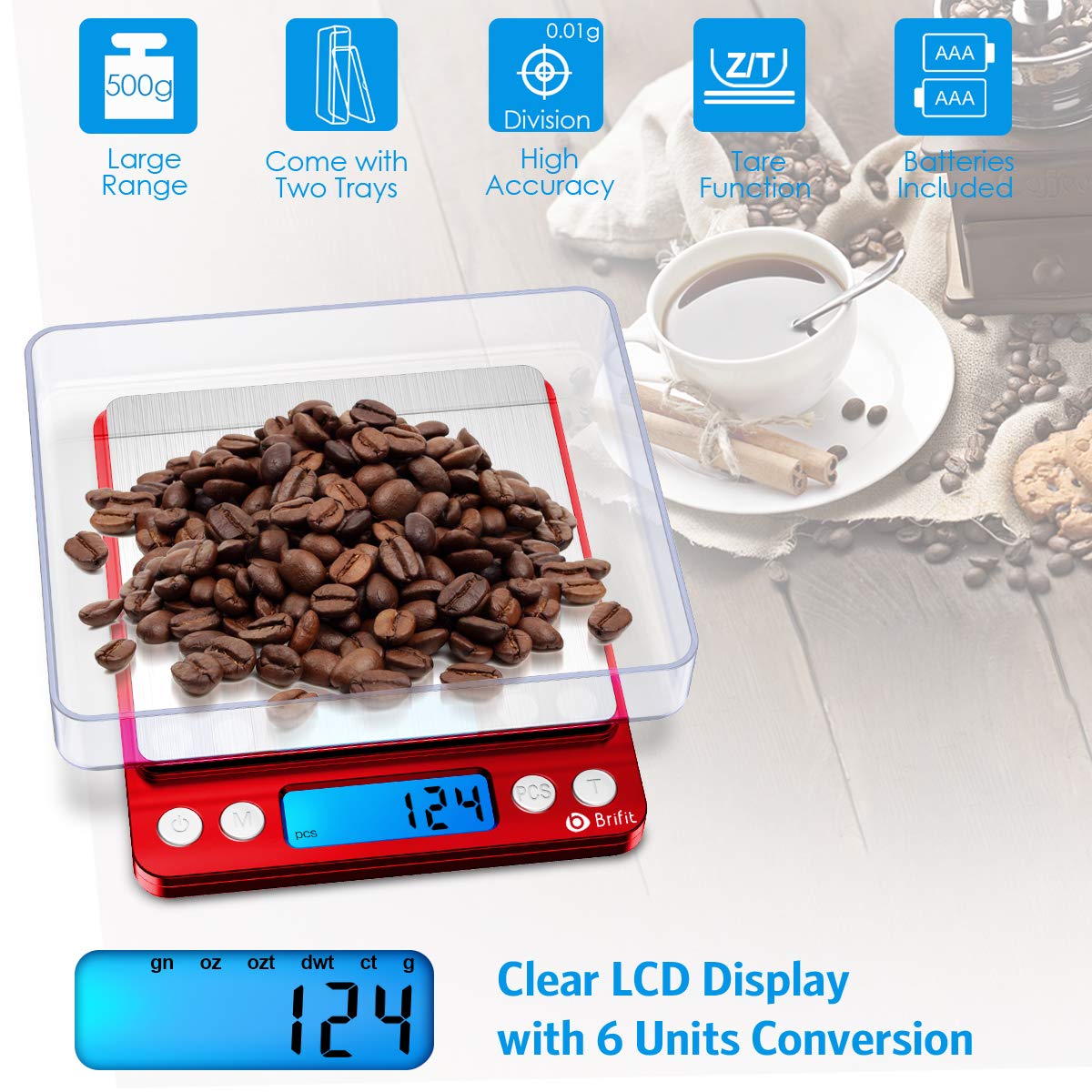 (Upgraded) AMIR Digital Kitchen Scale, 500g Mini Pocket Jewelry Scale, Food Scale, Coffee Scale, Back-Lit LCD Display, 2 Trays, 6 Units, Auto Off, Tare, PCS, Stainless Steel (Batteries Included)