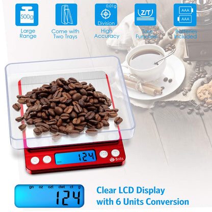 (Upgraded) AMIR Digital Kitchen Scale, 500g Mini Pocket Jewelry Scale, Food Scale, Coffee Scale, Back-Lit LCD Display, 2 Trays, 6 Units, Auto Off, Tare, PCS, Stainless Steel (Batteries Included)
