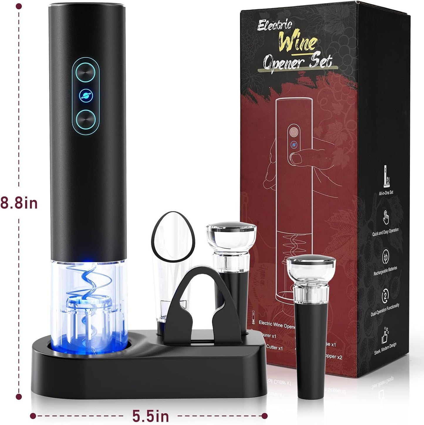 Electric Wine Opener, Rechargeable Cordless Wine Accessories, Stainless Steel Cordless Automatic Wine Bottle Corkscrew with Vacuum Stoppers, Foil Cutter for Home Party Wedding, Bars(Black)