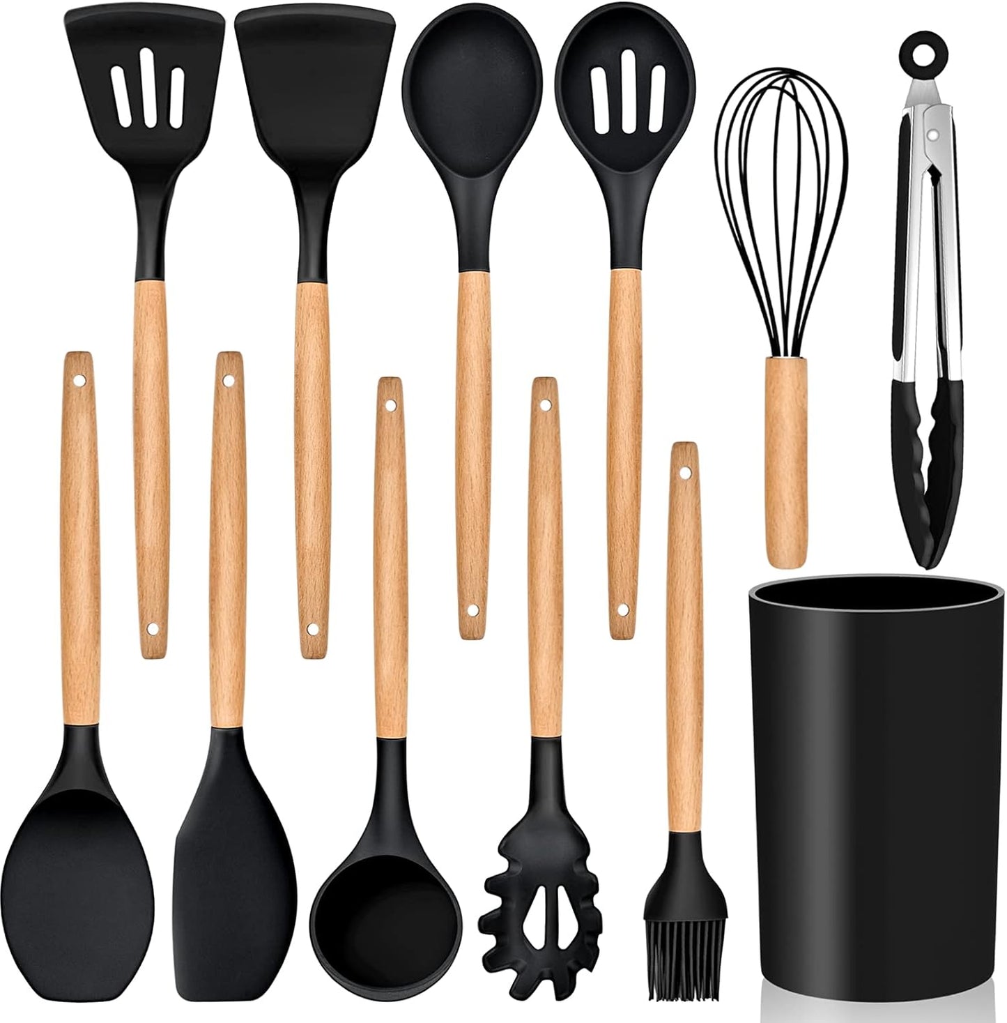 E-far Cooking Utensils Set of 6, Silicone Kitchen Utensils with Wooden Handle, Non-stick Cookware Friendly & Heat Resistant, Includes Spatula/Ladle/Slotted Turner/Serving Spoon/Spaghetti Server(Khaki)