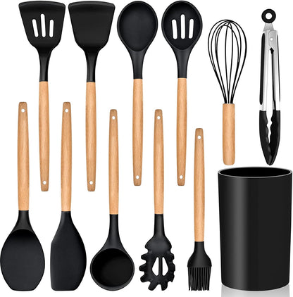 E-far Cooking Utensils Set of 6, Silicone Kitchen Utensils with Wooden Handle, Non-stick Cookware Friendly & Heat Resistant, Includes Spatula/Ladle/Slotted Turner/Serving Spoon/Spaghetti Server(Khaki)