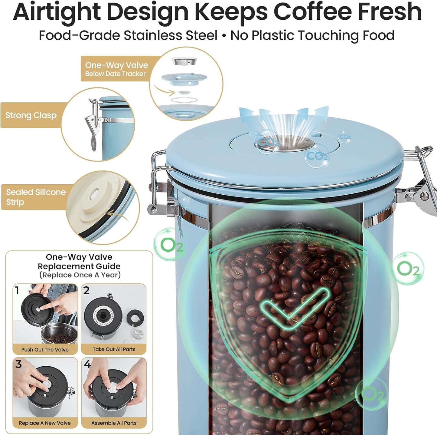 Veken Coffee Canister, Airtight Stainless Steel Kitchen Food Storage Container with Date Tracker and Scoop for Beans, Grounds, Tea, Flour, Cereal, Sugar, Cookie, 16OZ, Cream