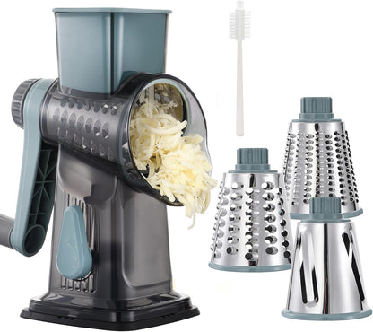 Rotary Cheese Grater 3-in-1 and Shredder with Hand Crank - for Cheese, Vegetables & Nuts, Non-Slip Suction Cup Base, Food Grade, Black