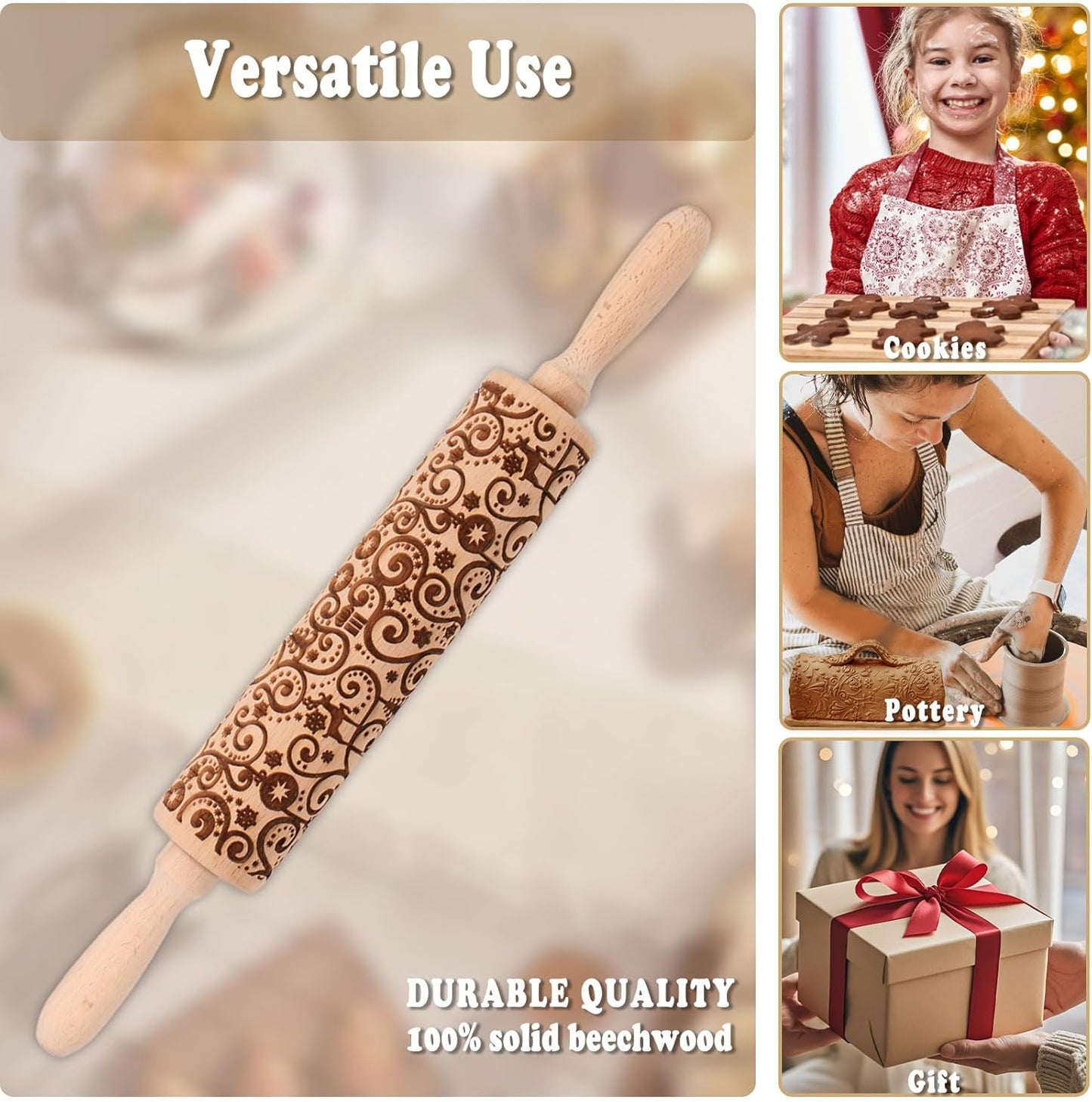 Floral Vine Embossed Rolling Pins for Cookies, Wooden Engraved Rolling Pins for Baking, Embossing Rolling Pins with Designs, Patterned Rolling Pin Decorative Springerle Mold Stamp Clay Pattern Roller