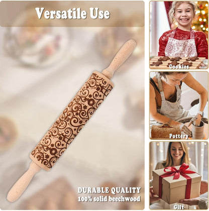 Floral Vine Embossed Rolling Pins for Cookies, Wooden Engraved Rolling Pins for Baking, Embossing Rolling Pins with Designs, Patterned Rolling Pin Decorative Springerle Mold Stamp Clay Pattern Roller
