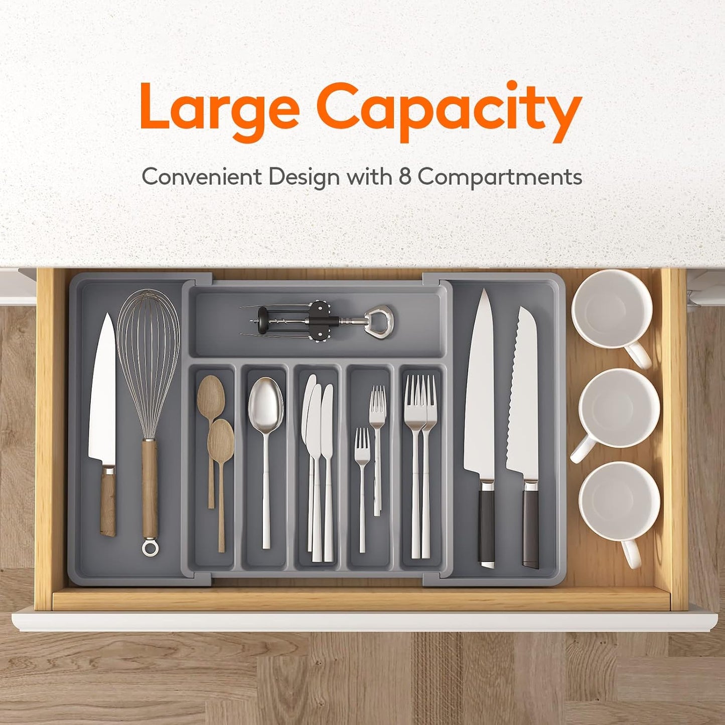 Lifewit Silverware Drawer Organizer, Expandable Utensil Tray for Kitchen, BPA Free Flatware and Cutlery Holder, Adjustable Plastic Storage for Spoons Forks Knives, 11-18 x 14", Black