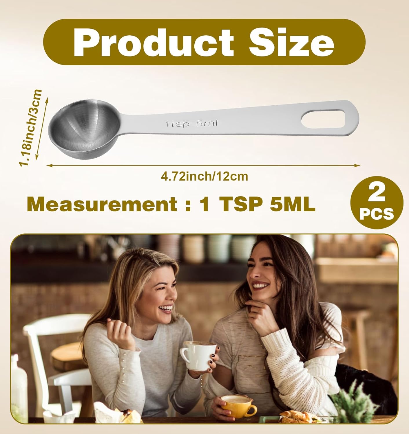1 Teaspoon Measuring Spoon, 2Pcs Teaspoon Measuring Spoon, Short Handle Stainless Steel Kitchen Tools for Precise Cooking Baking Spices, Easy Pouring Rust Resistant (5ml, Silver)