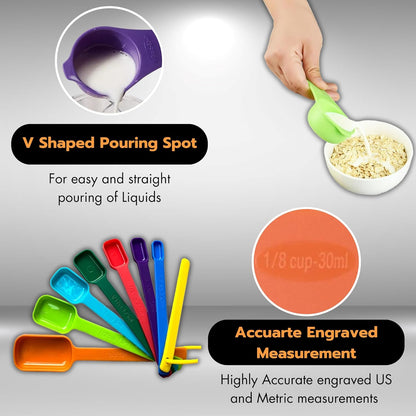 15 Pieces Colorful Plastic Measuring Cups and Spoons Set for Accurate Dry & Liquid Ingredients Measurements, Ideal Kitchen Set for Baking & Cooking – Premium, Durable, Easy-to-Use Set