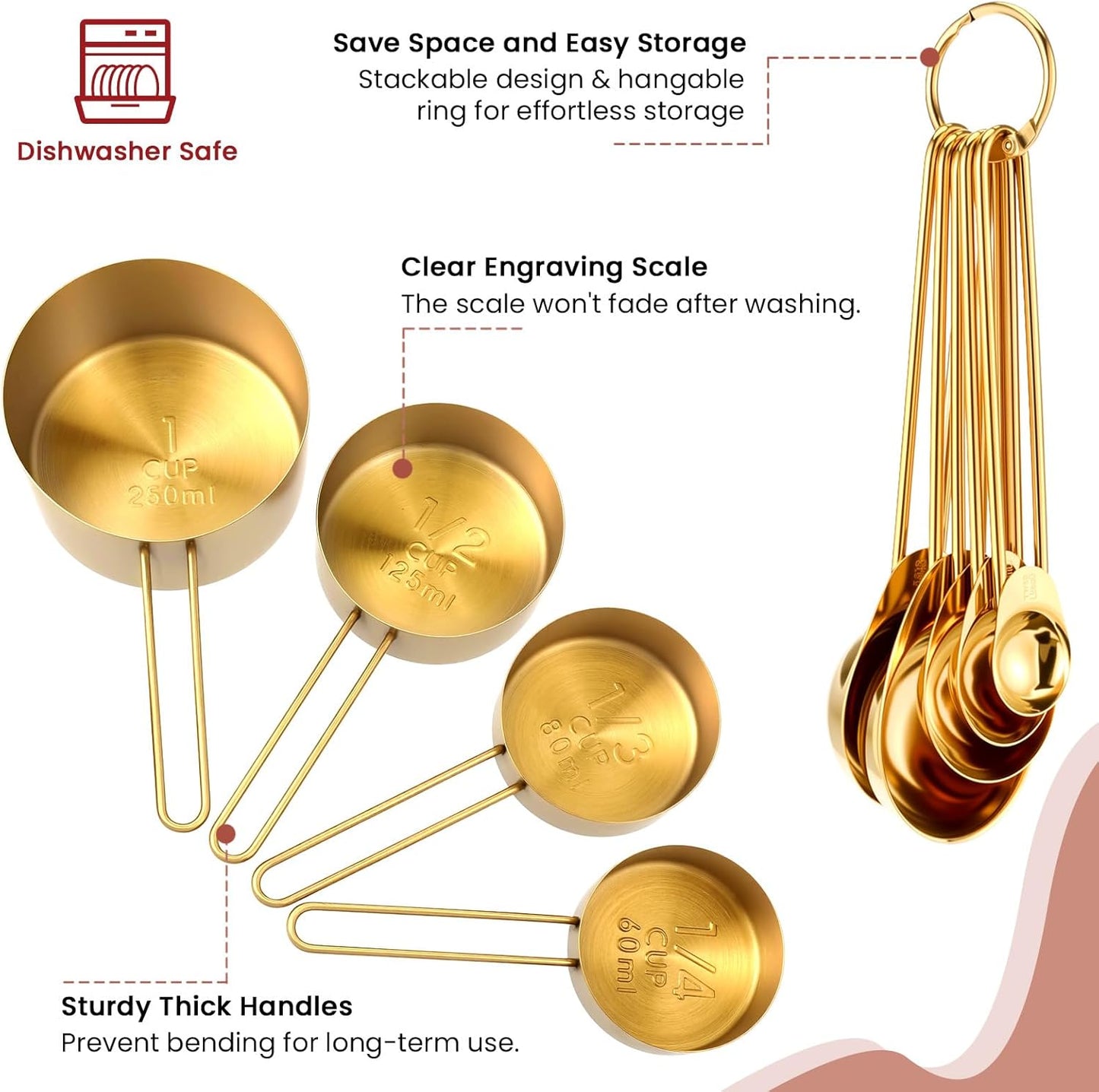 Giantree 9PCS Stainless Steel Gold Measuring Cups And Spoons Set, Metal Stackable & Long Handle Measuring Cups Measuring Spoons Set Durable Rust-Proof for Kitchen Baking Cooking