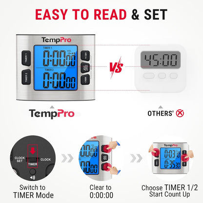TempPro TM02 24H Digital Timer with Dual Kitchen Timers for Cooking, Magnetic Timer Clock with Adjustable Alarm Volume & LCD Backlit Display, Classroom Timer for Kids & Teachers(Previously ThermoPro)