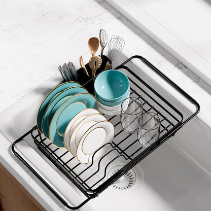 Sakugi Dish Drying Rack in Sink - Expandable Stainless Steel Dish Rack Over the Sink, Kitchen Sink Drain Strainer with Cutlery Holder & Cup Holders, 15.4 x 9.8 x 3.0 Inch, Silver