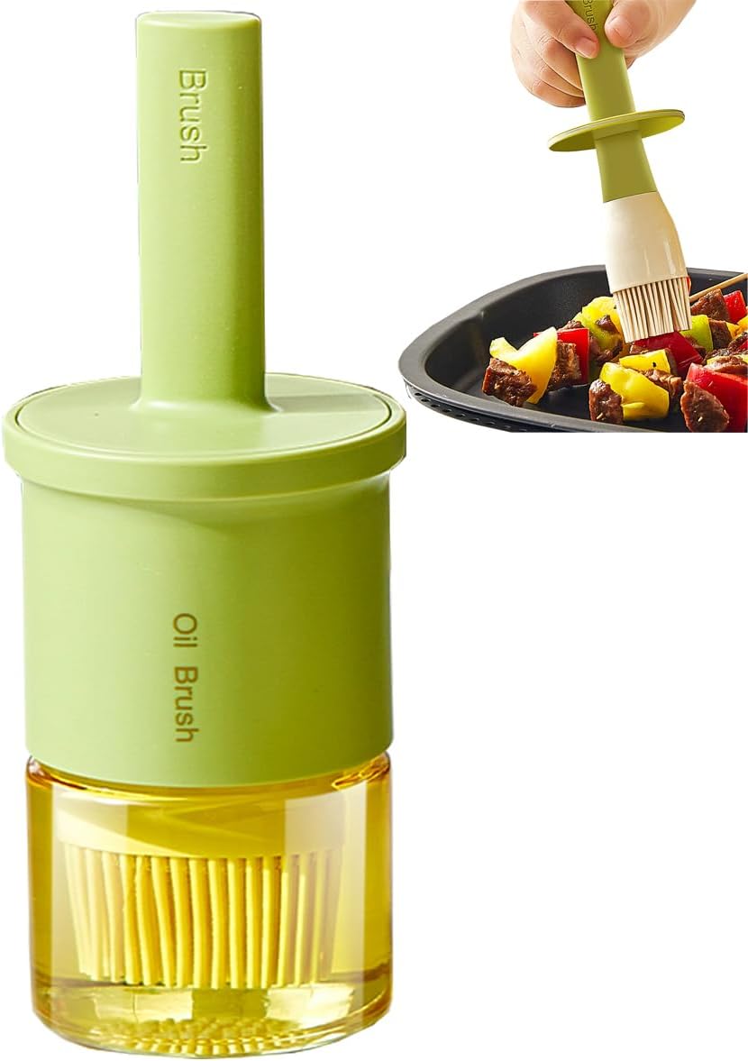 Glass Oil Dispenser with Heat Resistant Brush,Oil Dispenser Bottle with Silicone Pastry Brush for Kitchen,Cooking Vinegar and Sauce BBQ Grill Frying (Oil Dispenser-Green&Yellow)