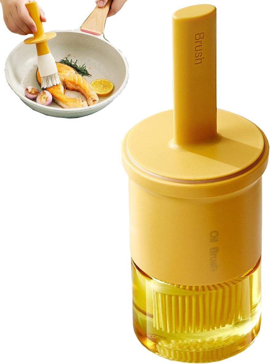 Glass Oil Dispenser with Heat Resistant Brush,Oil Dispenser Bottle with Silicone Pastry Brush for Kitchen,Cooking Vinegar and Sauce BBQ Grill Frying (Oil Dispenser-Green&Yellow)