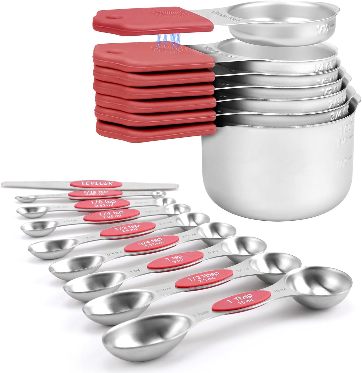 Magnetic Measuring Cups and Spoons Set-Heavy Duty 304 Stainless Steel，Double Measurement Markings，Set of 16 with Leveler for Measure Dry and Liquid Ingredients (Black)