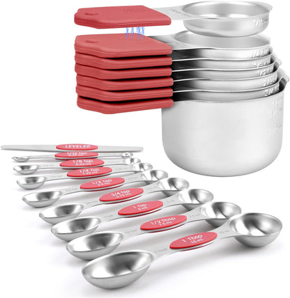 Magnetic Measuring Cups and Spoons Set-Heavy Duty 304 Stainless Steel，Double Measurement Markings，Set of 16 with Leveler for Measure Dry and Liquid Ingredients (Black)