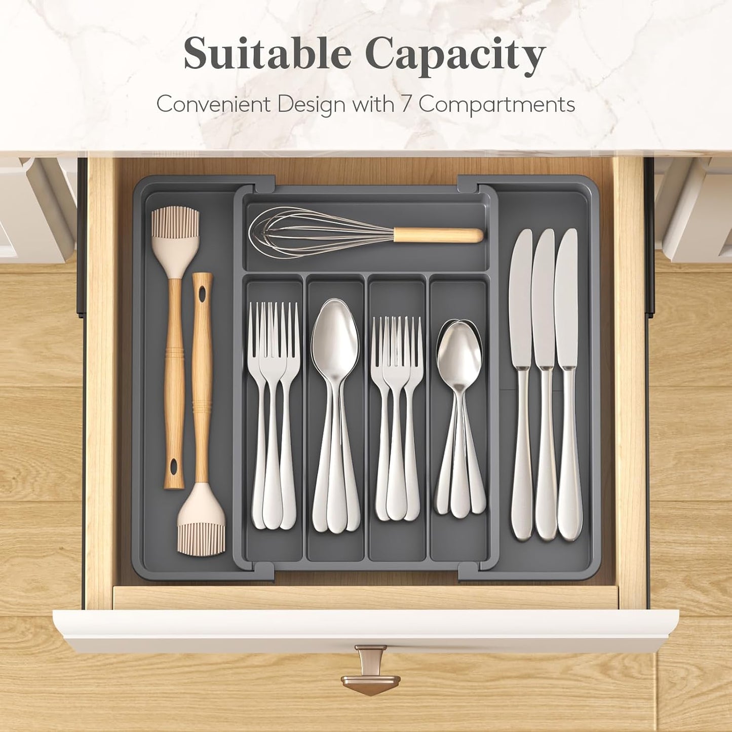 Lifewit Silverware Drawer Organizer, Expandable Utensil Tray for Kitchen, BPA Free Flatware and Cutlery Holder, Adjustable Plastic Storage for Spoons Forks Knives, 11-18 x 14", Black