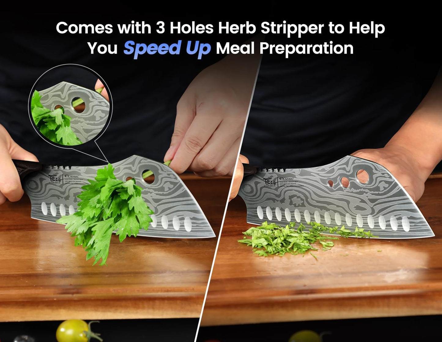 SYOKAMI Cleaver Chef Knife with Herb Stripper, 7" Asian Kitchen Knife 3-in-1 Combined with Chef's Knife, Santoku, Nakiri for Slicing, Chopping, Dicing, Mincing, Housewarming Birthday Cooking Gifts