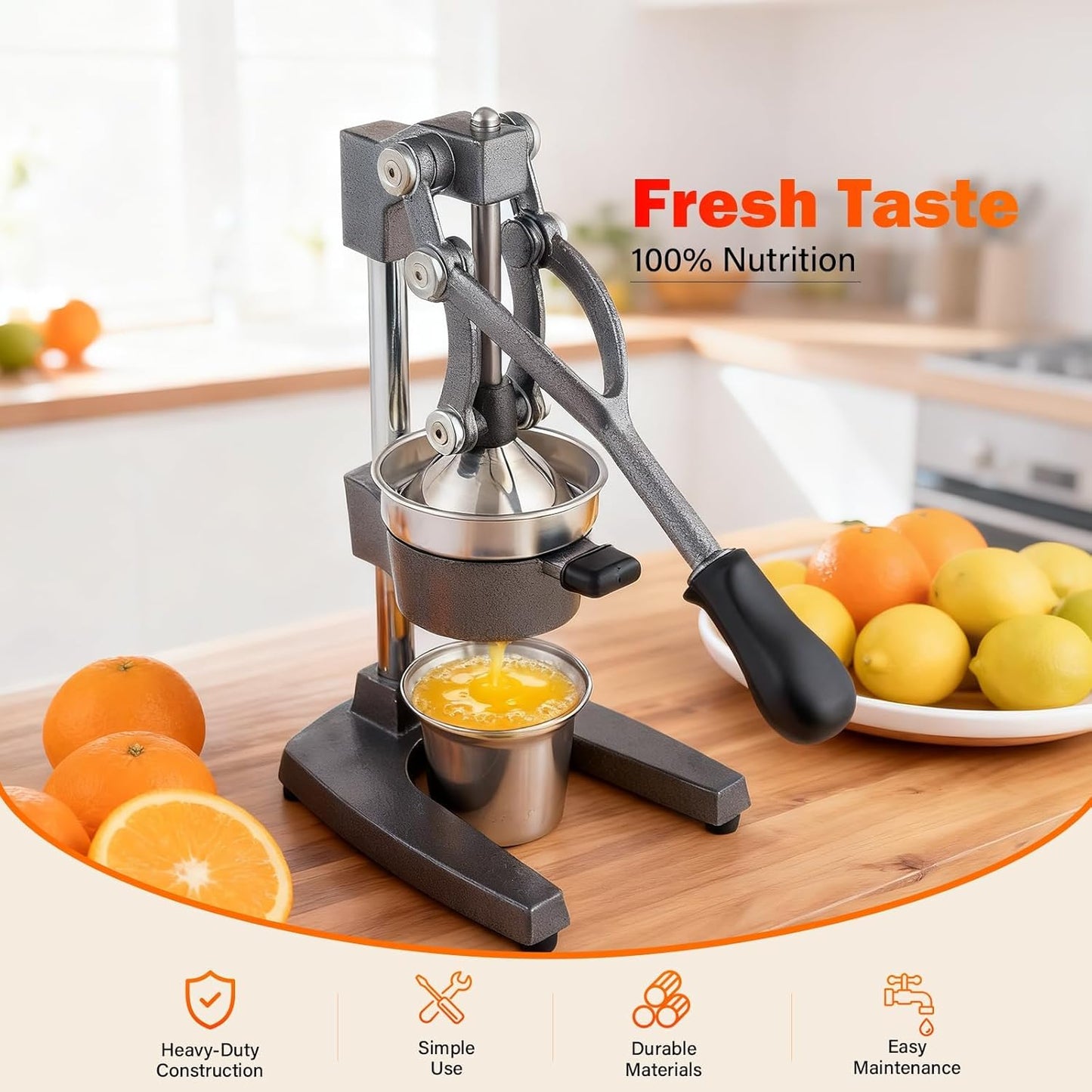 Manual Cast Iron Juicer, Commercial Lemon Squeezer, Professional Citrus Juicer, Ideal for Extracting Juice From Lemons, Oranges, and Grapefruits. Easy to Clean. (Black)