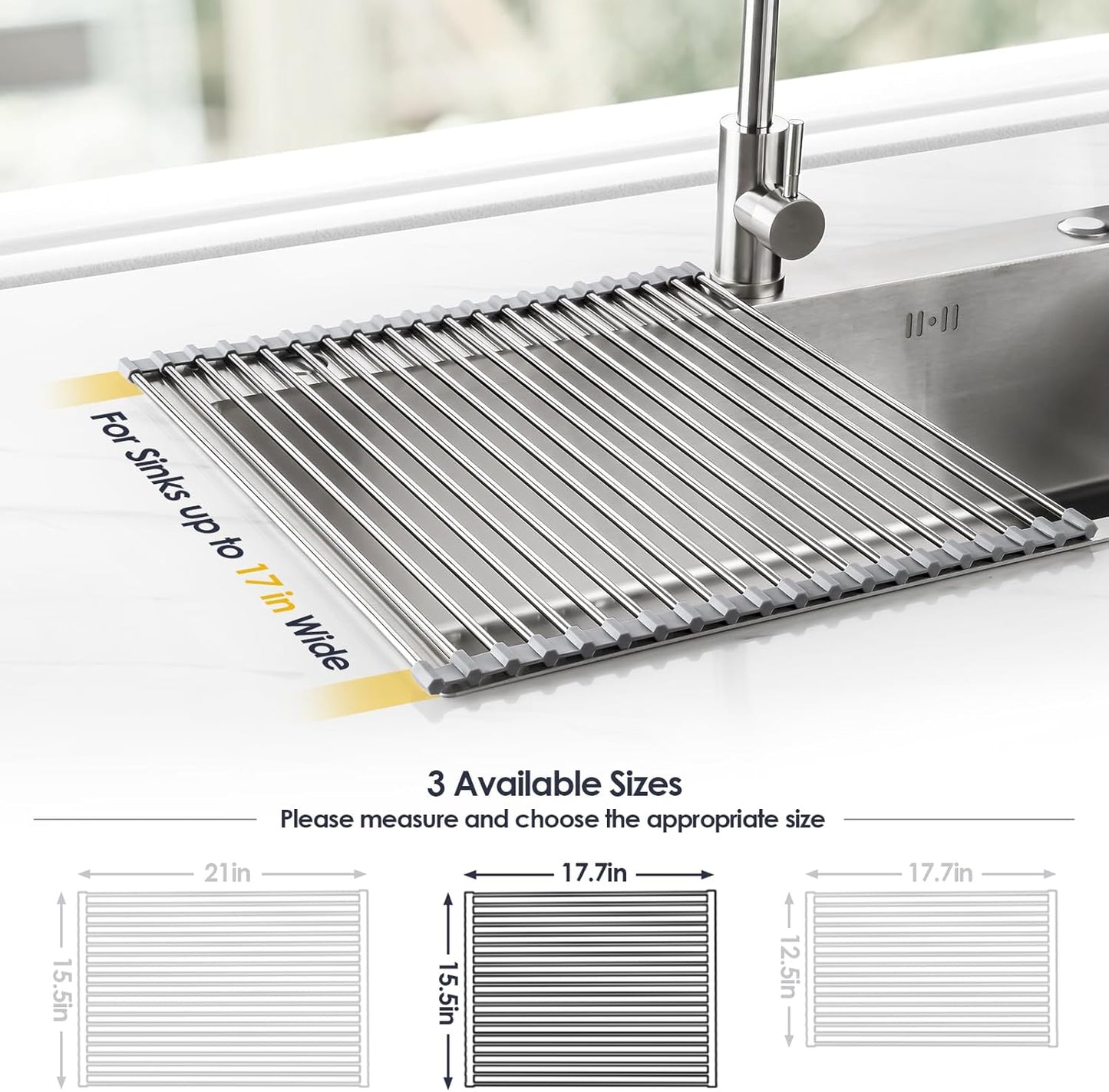 Tomorotec 17.7" x 15.5" Roll Up Dish Drying Rack Over Sink Drying Rack Sink Cover Kitchen Sink Accessories Gadget Multipurpose Organizer Foldable Stainless Steel Drainer