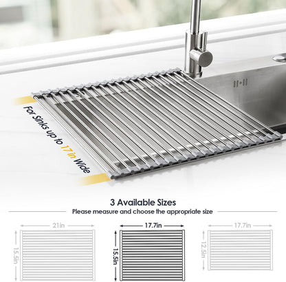 Tomorotec 17.7" x 15.5" Roll Up Dish Drying Rack Over Sink Drying Rack Sink Cover Kitchen Sink Accessories Gadget Multipurpose Organizer Foldable Stainless Steel Drainer
