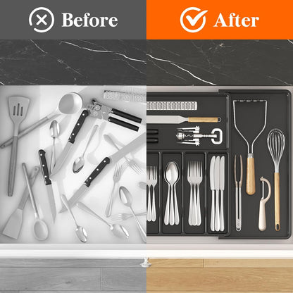 Lifewit Silverware Drawer Organizer, Expandable Utensil Tray for Kitchen, BPA Free Flatware and Cutlery Holder, Adjustable Plastic Storage for Spoons Forks Knives, 11-18 x 14", Black