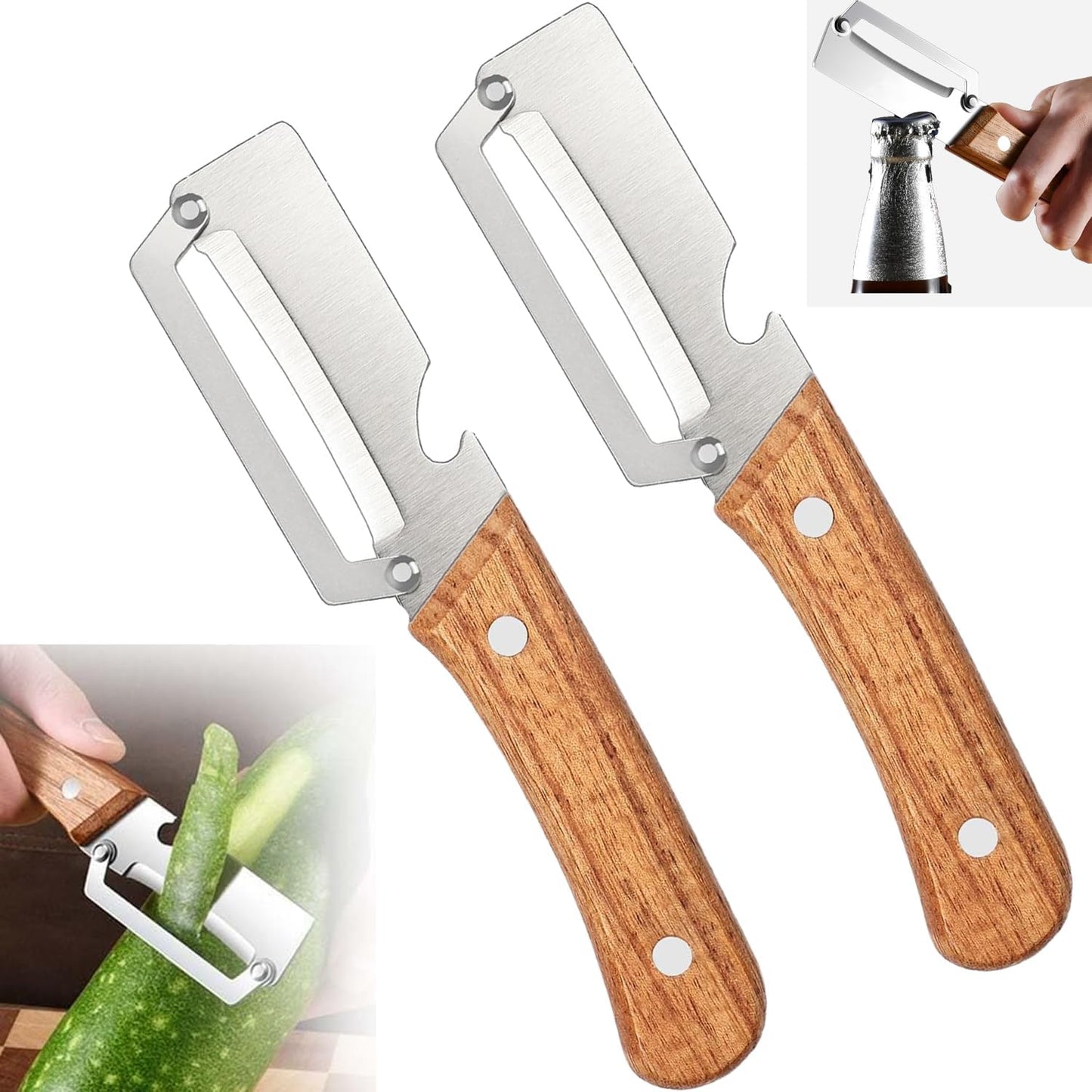 1 PCS Multi-Functional Vegetable Peeler with Wooden Handle, Stainless Steel Blade Fruit Peeler with Bottle Opener, Comfortable Non-Slip Kitchen Peeler for Potato, Pumpkin, Papaya & More (1)