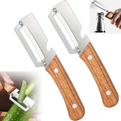 1 PCS Multi-Functional Vegetable Peeler with Wooden Handle, Stainless Steel Blade Fruit Peeler with Bottle Opener, Comfortable Non-Slip Kitchen Peeler for Potato, Pumpkin, Papaya & More (1)