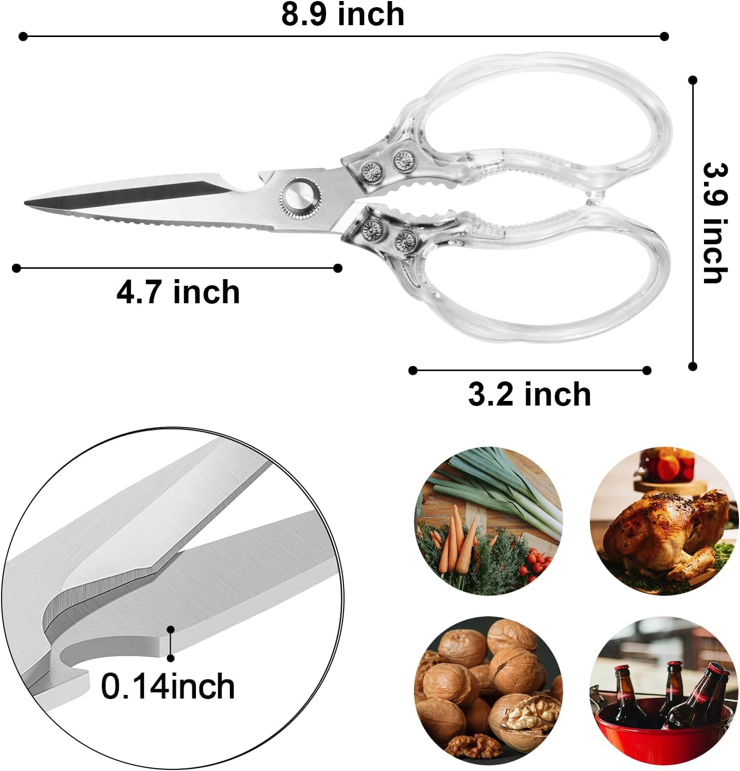 CGBE Kitchen Scissors, Multi-Purpose Kitchen Shears, Heavy Duty Dishwasher Safe Food Scissors for Chicken, Poultry, Fish, Meat & Herbs with Non-Slip Grips - Sliver