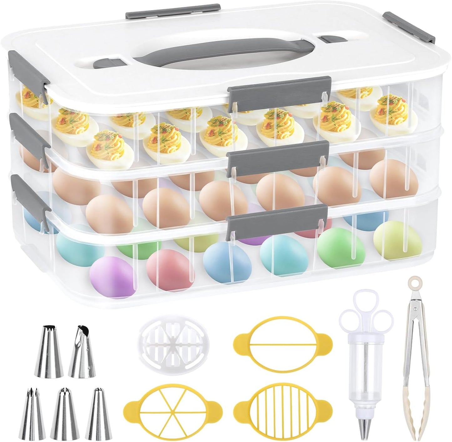 2-Layer Deviled Egg Containers with Lid, 36 Slots Refrigerator fridge organizers and storage egg cartons with Handle for Easter, with Slicer Kitchen Tongs Piping Decorating Kit