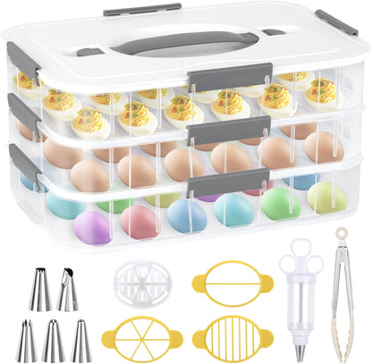 2-Layer Deviled Egg Containers with Lid, 36 Slots Refrigerator fridge organizers and storage egg cartons with Handle for Easter, with Slicer Kitchen Tongs Piping Decorating Kit