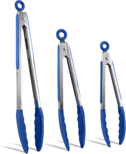 COOK WITH COLOR Stainless Steel Silicone Tipped Kitchen & BBQ Tongs Set, 3 Pc Utensils, Grey