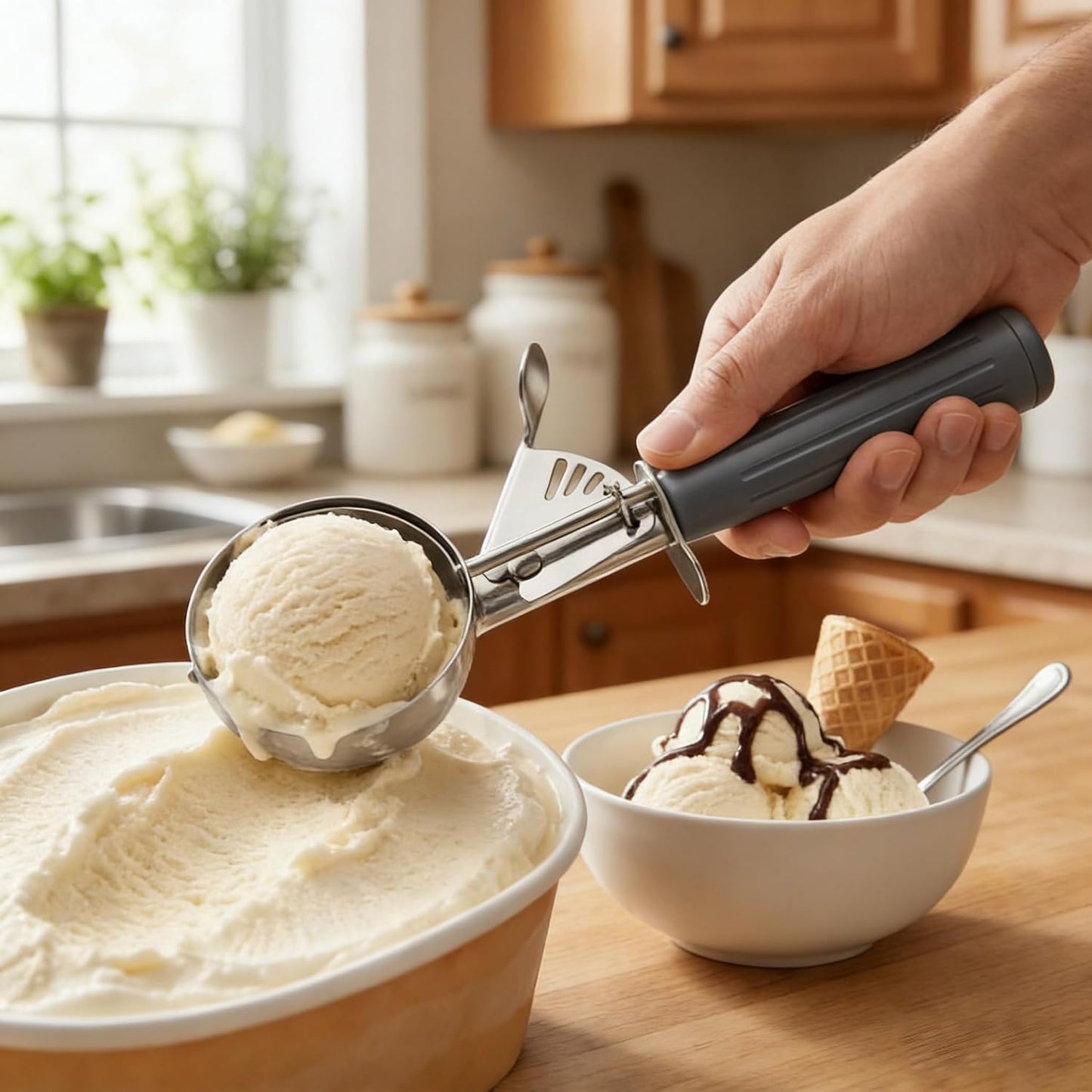TOPKITCHEN Commercial-Grade Ice Cream Scoop 3.25 oz, 18/8 Stainless Steel Cookie Scoop with Plastic Handle, Portion Control Disher Scoop for Bakeries, Restaurants & Dessert Shops, #10, Ivory