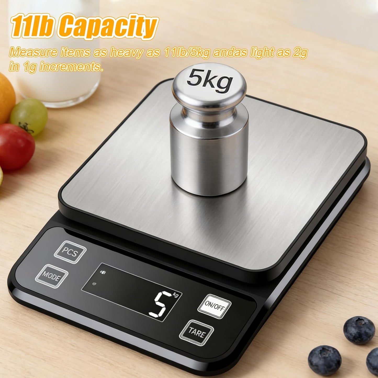 Waterproof Kitchen Scale, 5kg/11lb Food Scale Precisely Measures Grams and Ounces for Baking and Cooking, Stainless Stee Digital Scale with Backlight for Food