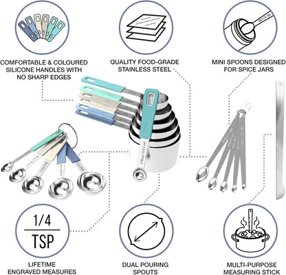 CuttleLab 22-Piece Stainless Steel Measuring Cups and Spoons Set, Tad Dash Pinch Smidgen Drop Mini Measuring Spoons, Measuring Stick Leveler, Measurement Conversion Chart Fridge Magnet, (Country Chic)