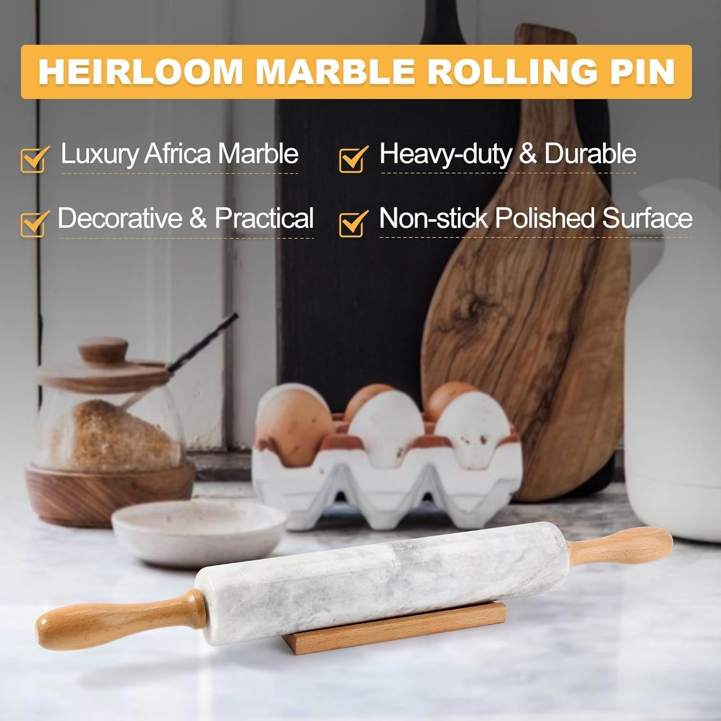Koville African Natural Marble Rolling Pin, Non-Stick Polished Dough Roller, Pasta, Dumpling, Fondant, Pie Crust, Bread, Pizza Dough, Kitchen Baking Pastry Tools with Mat/Scraper（Namib Fantasy）