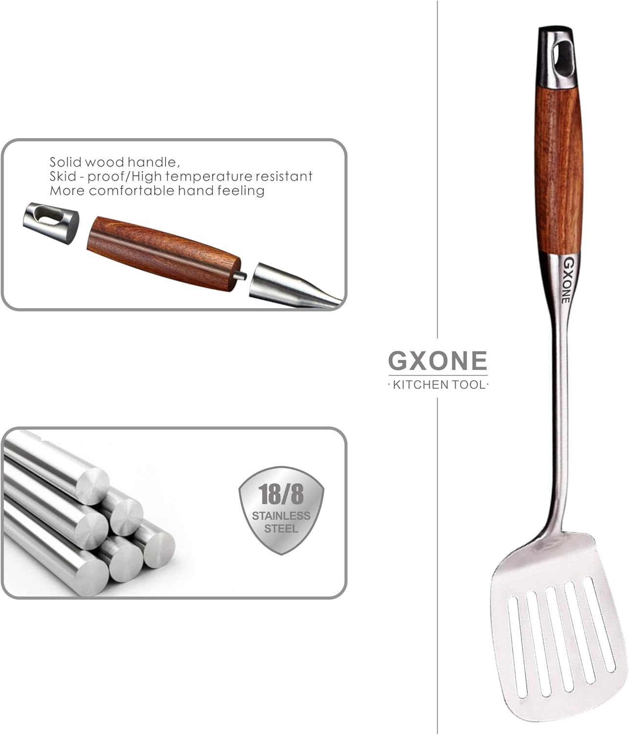 Slotted Spoon,304 Stainless Steel Skimmer Spoon with Heat Resistant Wooden Handle,Silver/15.8Inch