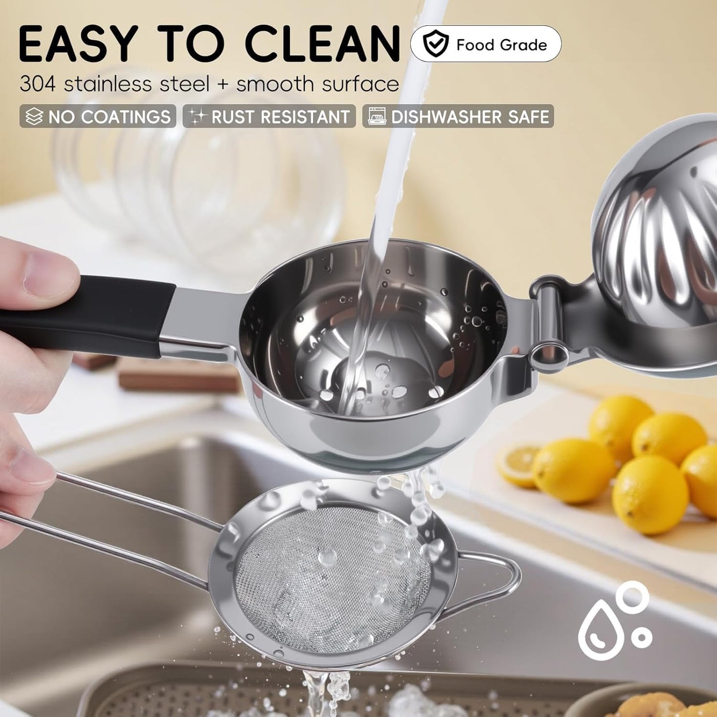 YXT&BEYOND Large Lemon Squeezer Set, 304 Stainless Steel Lime Squeezer w/13 Filter Holes & Fine Strainer, Manual Lemon Press Juicer - Metal Citrus Press Juicer with Non-Slip Handles, Dishwasher Safe
