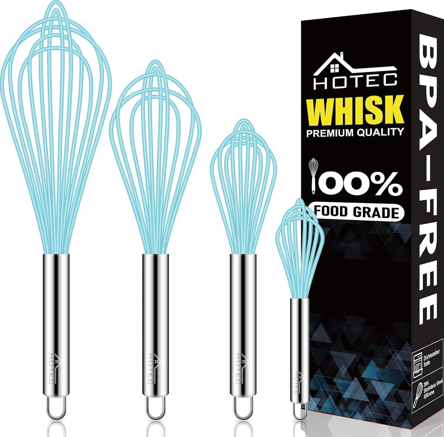HOTEC 4 Pieces Silicone Whisks Set, Wire Balloon Whisks for cooking Egg Beater, Non-slip Handle Whisk for Non-stick Cookware Perfect for Cooking, Stirring, Beating and Blending (Multicolor)