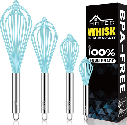 HOTEC 4 Pieces Silicone Whisks Set, Wire Balloon Whisks for cooking Egg Beater, Non-slip Handle Whisk for Non-stick Cookware Perfect for Cooking, Stirring, Beating and Blending (Multicolor)