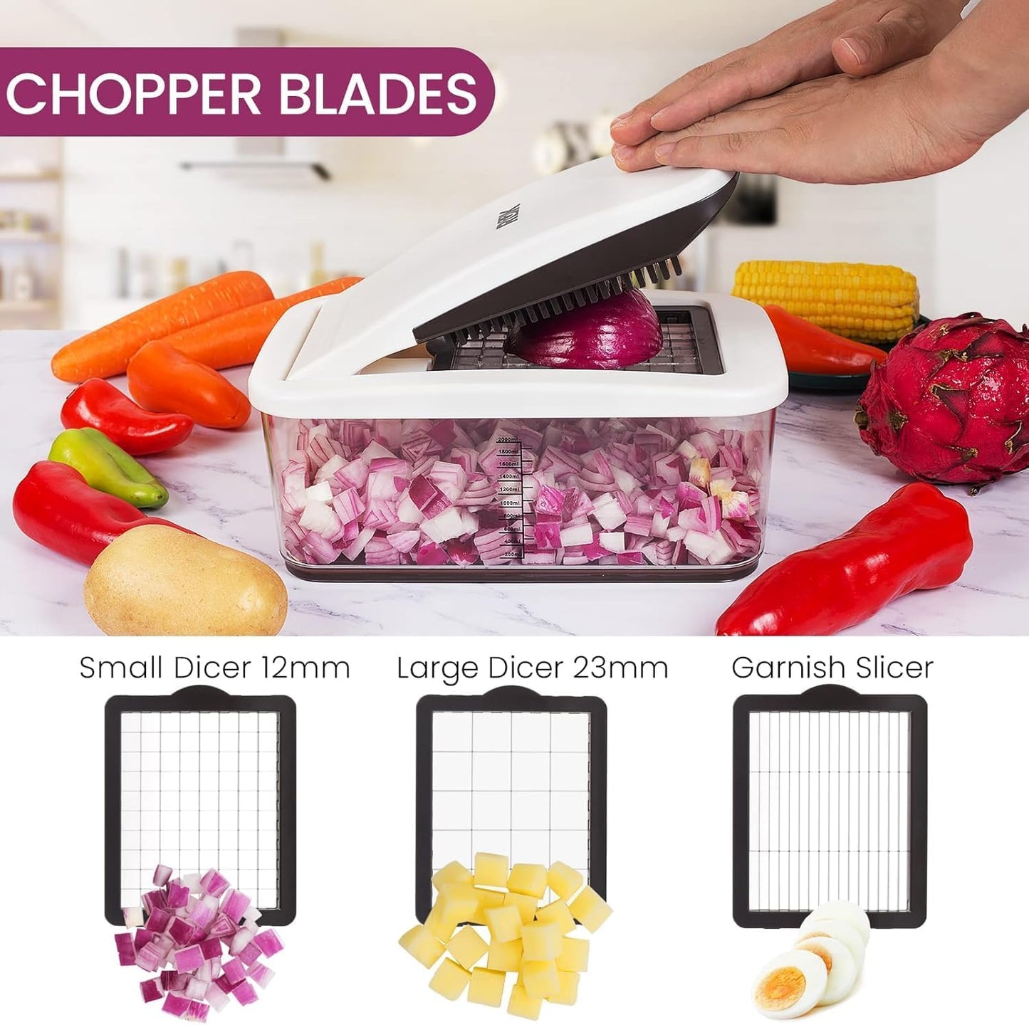 RüK Vegetable Chopper Slicer Onion Dicer, Multi 22-in-1 Veggie Mandoline Food Cutter for Tomato Fruit with Lemon Squeezer, E-Recipe, 11 Blades, Egg Separator & Slicer, Container