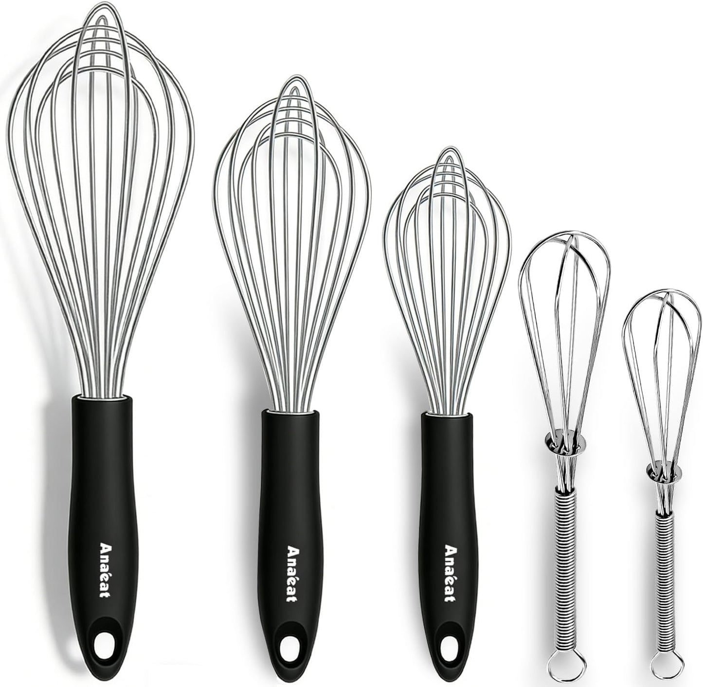 Anaeat Stainless Steel Kitchen Whisk Set of 5, Milk and Egg Beater Blender with Thick Wire for Whisking, Cooking, Baking, Beating and Stirring - 5"+7" Mini Whisk and 9''+11''+12'' Balloon Whisks