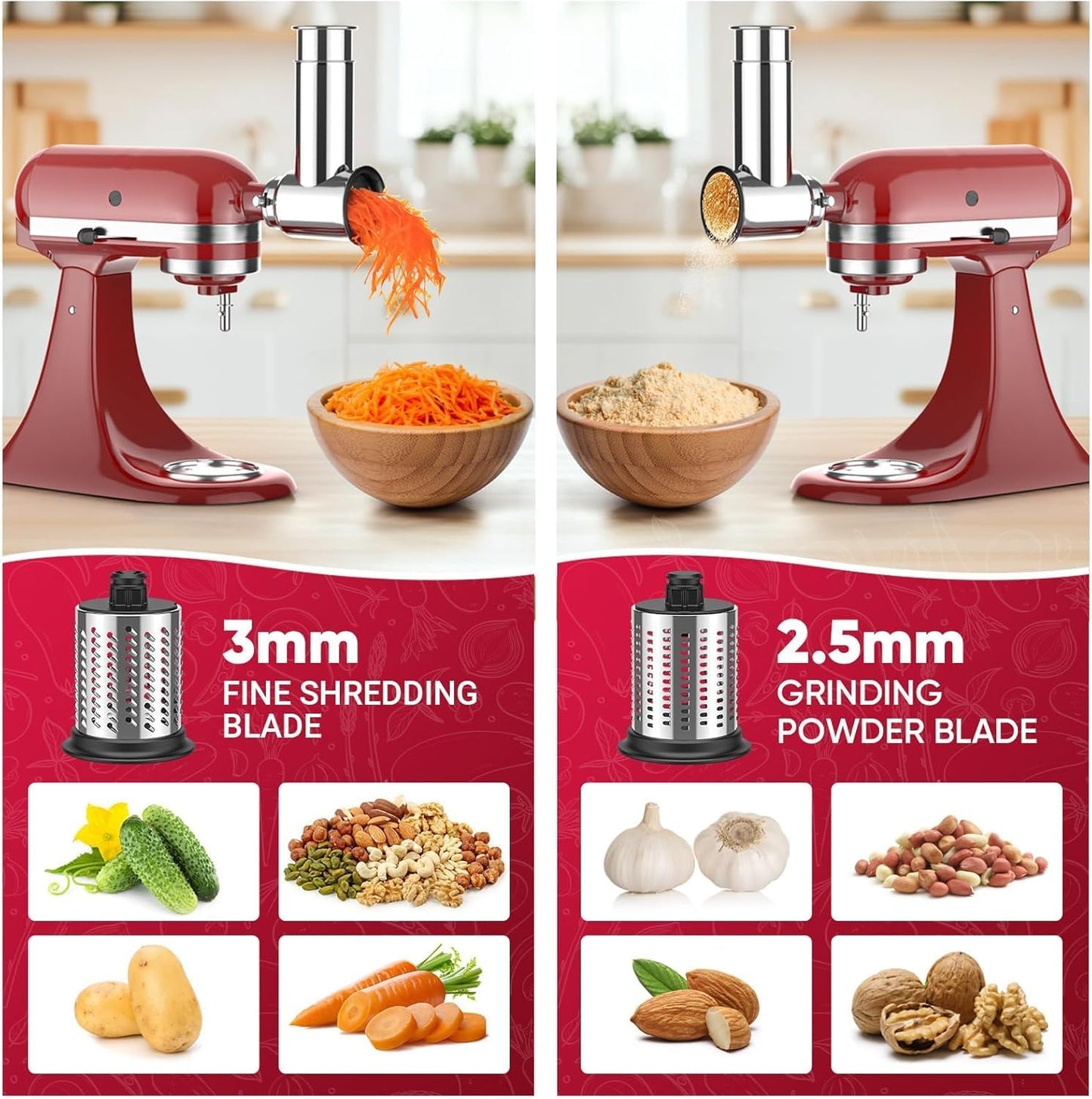 Cofun Slicer Shredder Attachment for Kitchenaid Stand Mixer, Cheese Grater Attachment, Food Slicer Salad Maker for Kitchen aid Mixer Accessories and Attachments with 3 Blades