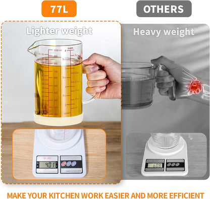 77L Glass Measuring Cup, 4-Cup/1000 ML Liquid Measuring Cups, Measuring Cup With Handle and V-Shaped Spout, Glass Beaker with Three Scales (OZ, Cup, ML), Dishwasher/Freezer/Microwave Safe