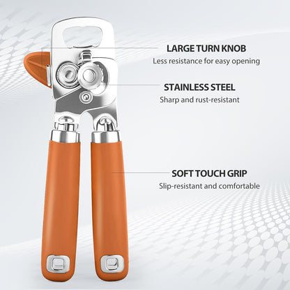 Safring Can Opener Manual, Heavy Duty Stainless Steel Smooth Edge Can Openers With Soft Touch Handle, Oversized Handheld Easy Turn Knob, Multi-Function Bottle Opener, Black