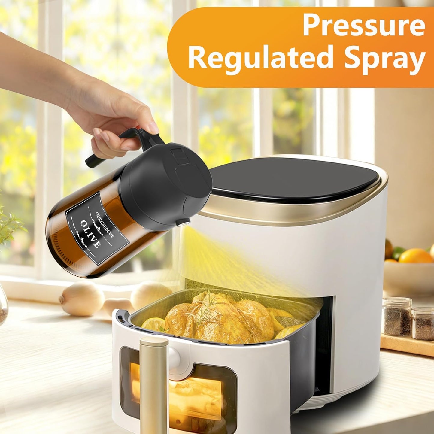 OURCABECUE 2 in 1 Olive Oil Sprayer for Cooking, 16oz/470ml Light-Blocking Dark Olive Oil Dispenser Bottle for Kitchen, Food-Grade Glass Oil Mister with 8 Oil Stickers