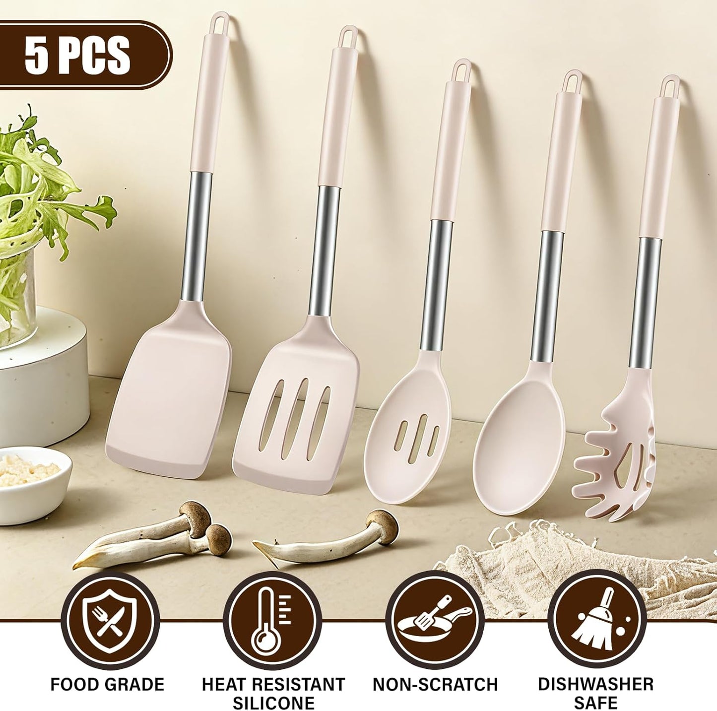 5Pcs Silicone Cooking Utensils Set, Heat Resistant Kitchen Tools Include Solid&Slotted Spatula, Cooking Spoon and Pasta Server, Silicone Kitchen Utensils set for Nonstick Cookware Flipping, Black