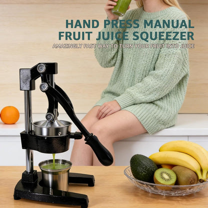 Commercial Heavy Duty Manual Citrus Juicer Press - Professional Cast Iron Hand Orange Squeezer with 304 Stainless Steel Strainer & Cup - Fruit Extractor for Pomegranate, Lemon, Lime - Black